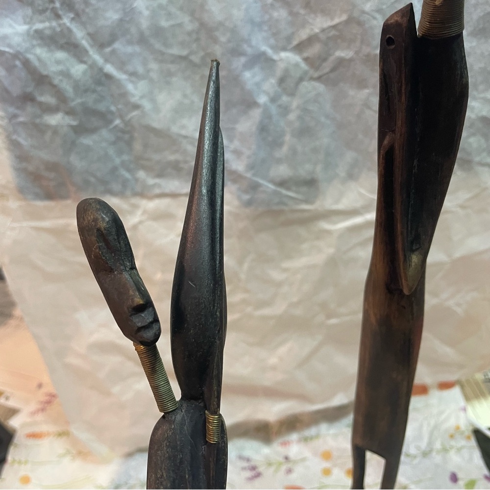 Vintage African Tribal Wood Sculpture Pair, Hand-Carved Figures, Ethnic Decor